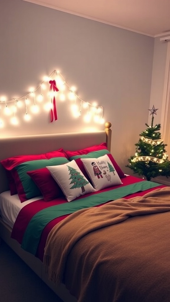 A cozy Christmas bedroom with festive decor, including lights, bedding, and a small tree.